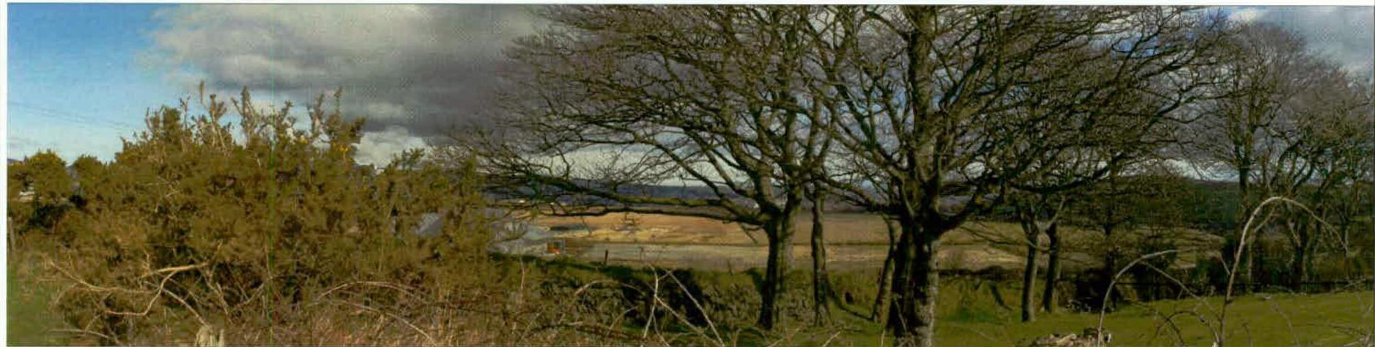 A panoramic photograph showing a rural landscape with trees in the foreground and open fields leading to distant hills.