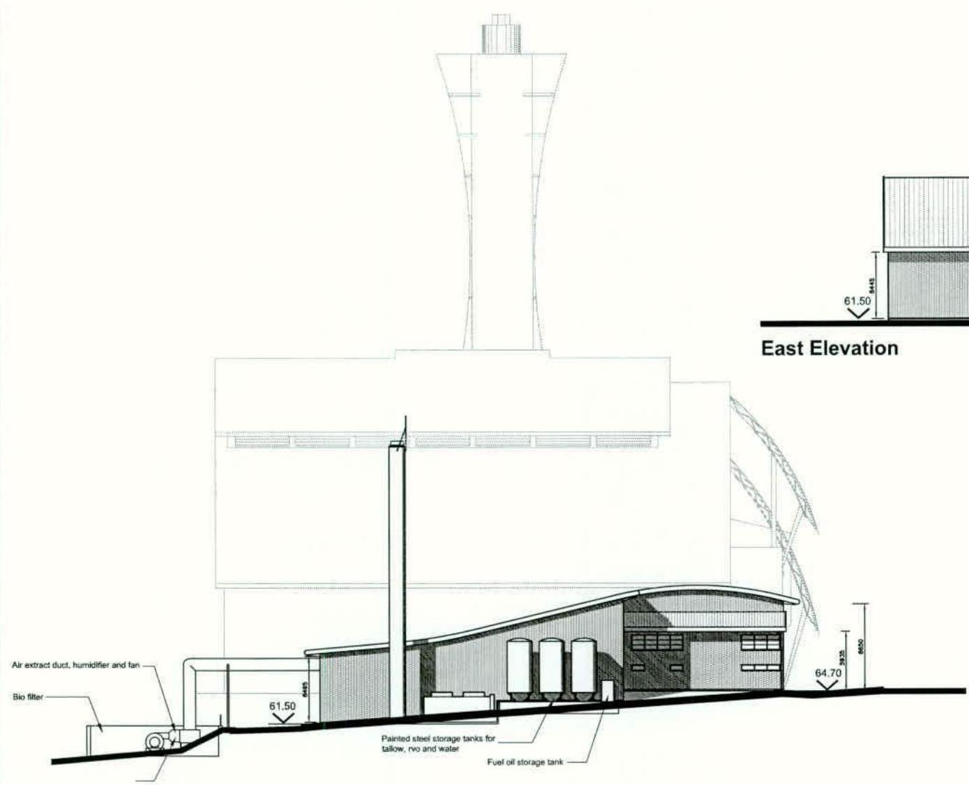 This is an architectural elevation drawing of an industrial waste processing facility, showing storage tanks, ventilation ducts, and a tall chimney structure with height dimensions.