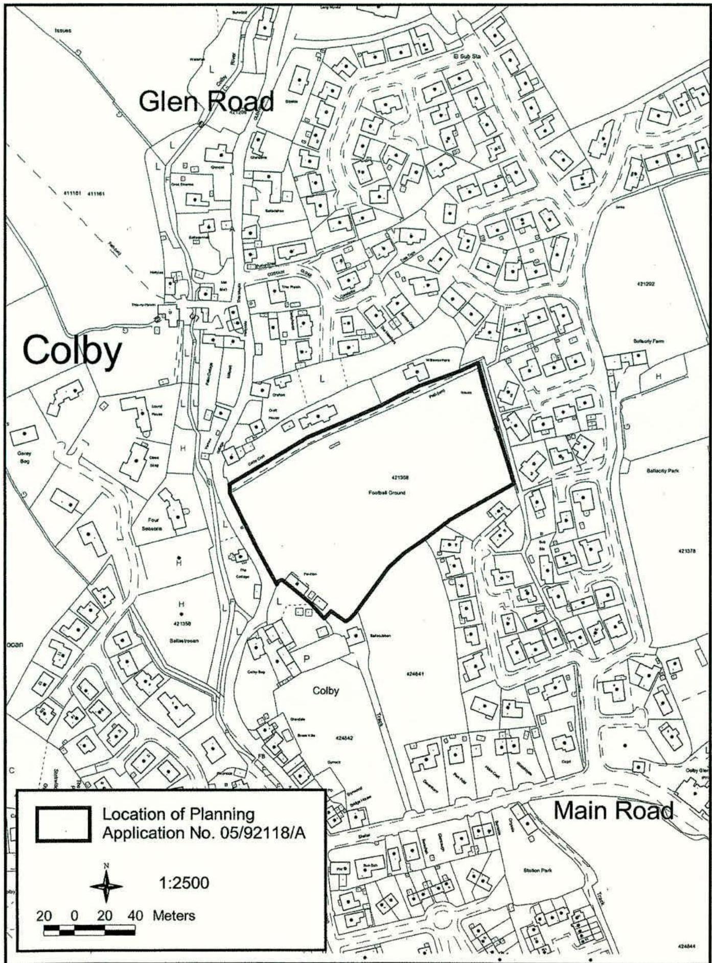 A black and white location map showing the site of planning application 05/92118/A outlined in bold black lines within the village of Colby.