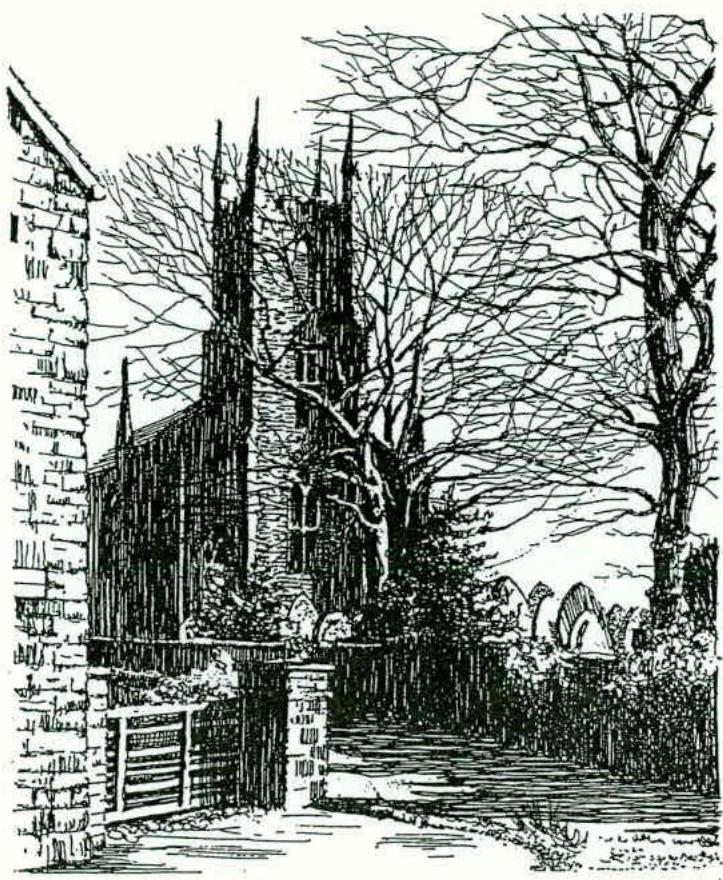 A black and white line drawing or sketch depicting a stone building with spires behind a wall and gate, surrounded by bare trees.