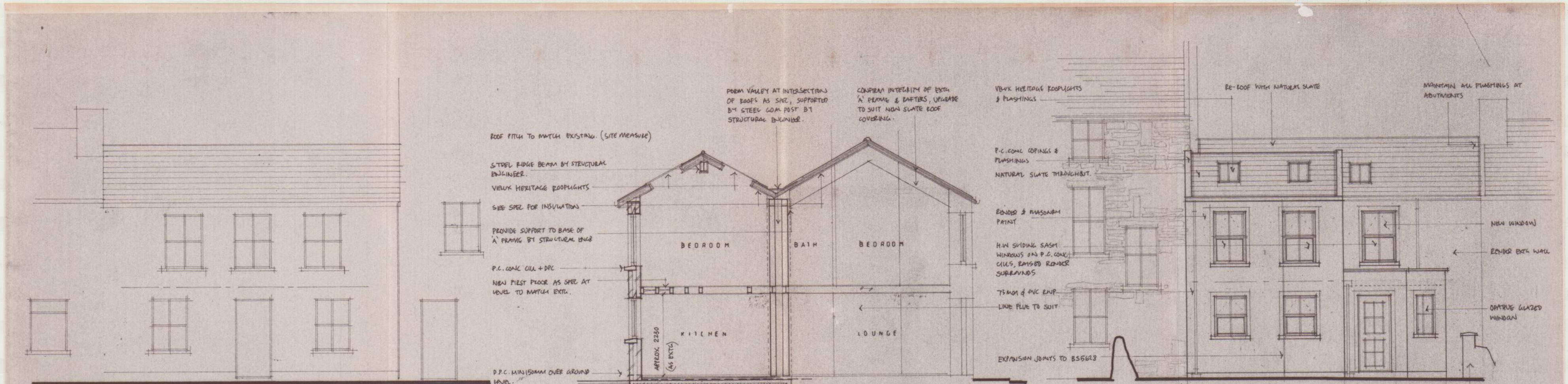Architectural section and elevation drawing showing the internal room layout and external facade of a residential building.