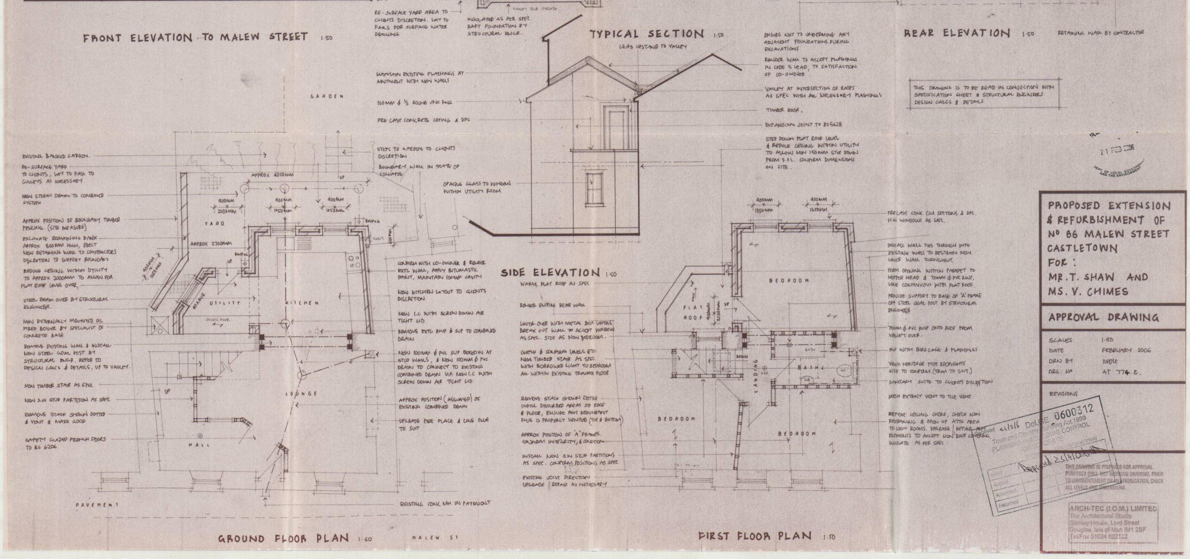 Architectural drawing displaying ground and first floor plans, elevations, and a section for a proposed extension and refurbishment project.