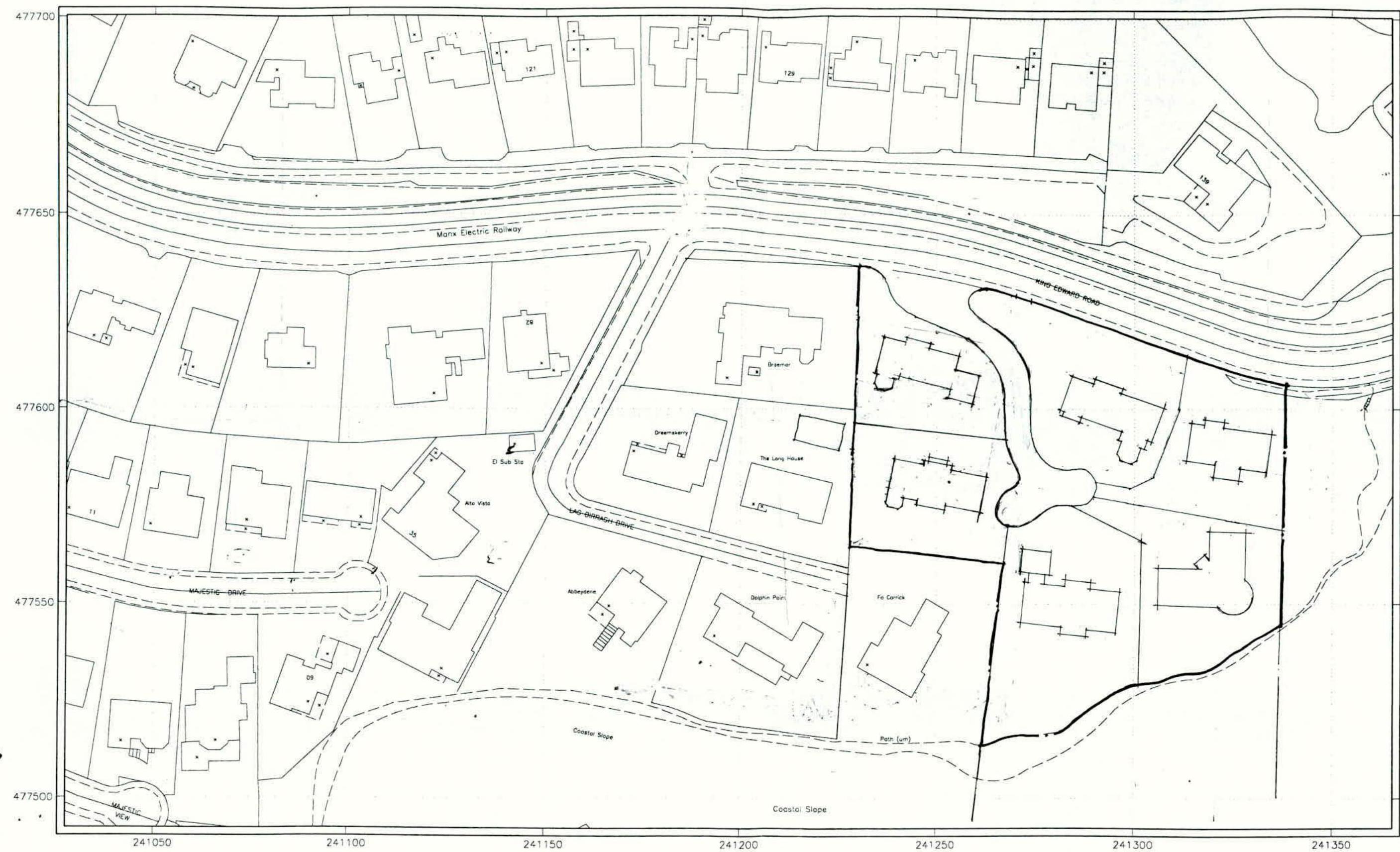 A black and white site plan showing property boundaries, existing buildings, and nearby roads including the Manx Electric Railway.