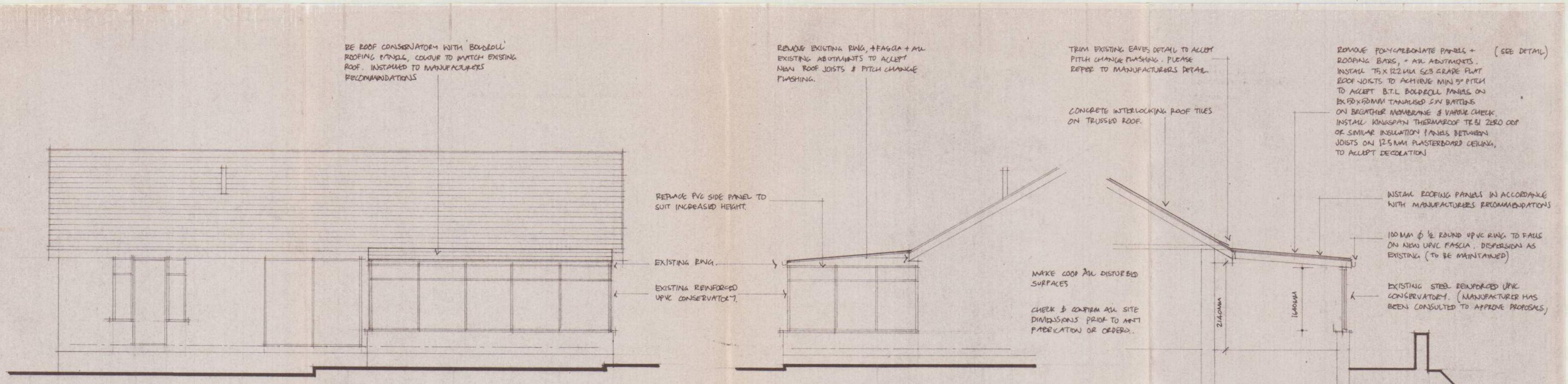Architectural elevation and section drawing detailing the re-roofing of a conservatory and its connection to the existing building structure.