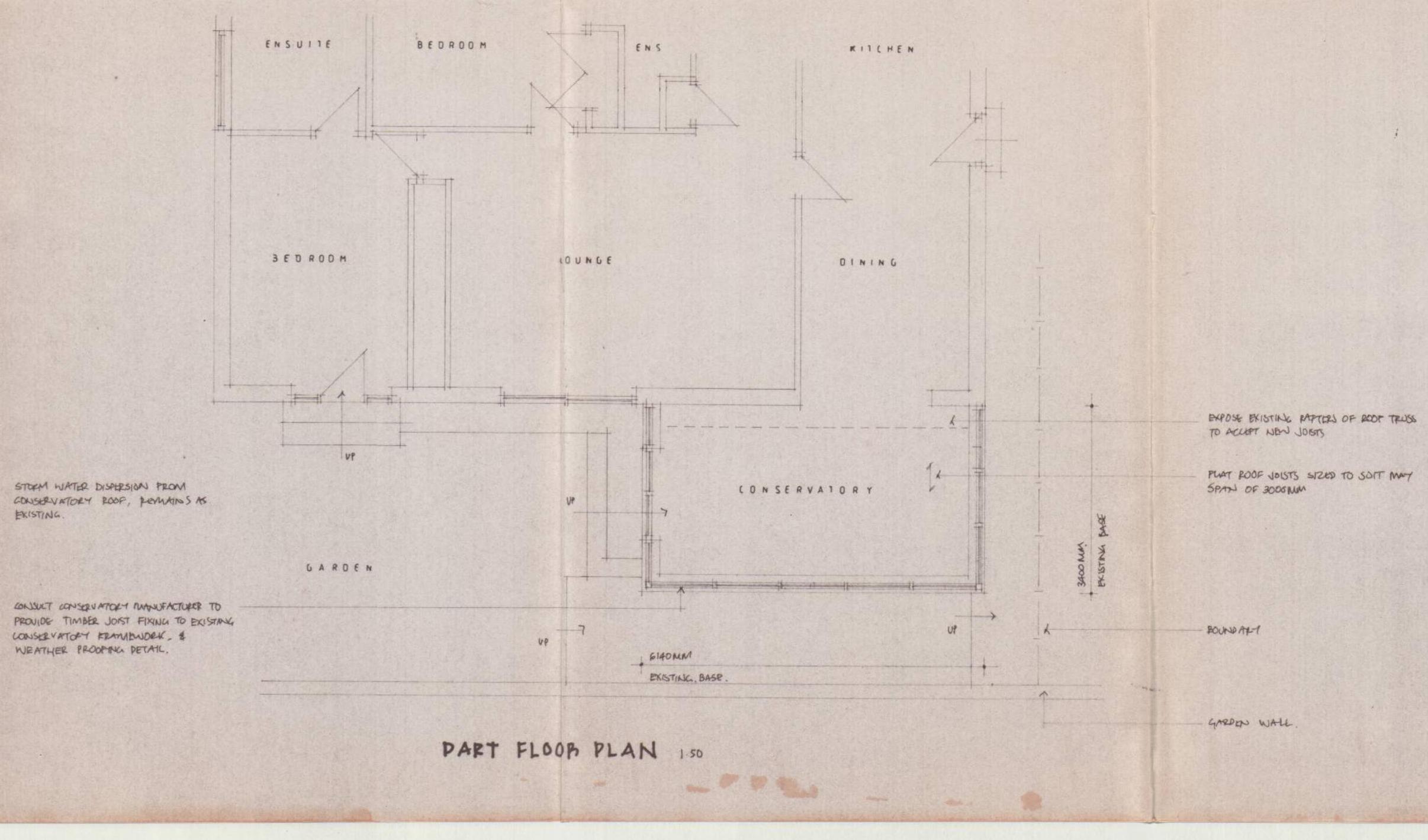 This image displays a hand-drawn architectural floor plan labeled 'Part Floor Plan 1:50', detailing a conservatory extension attached to a lounge and dining area. Annotations indicate structural changes to roof trusse...