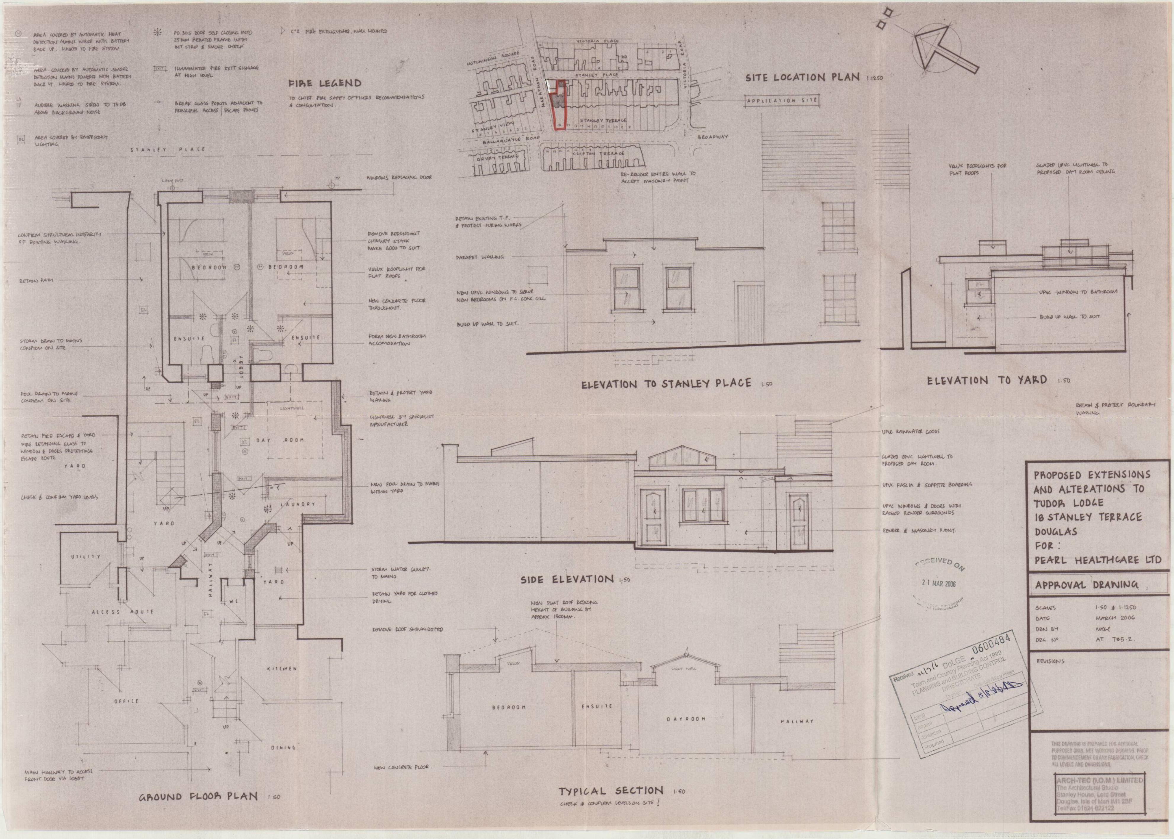 This image displays a set of architectural approval drawings for a proposed extension and alterations to a property at 18 Stanley Terrace, Douglas. It includes a site location plan, ground floor plan, elevations, and...