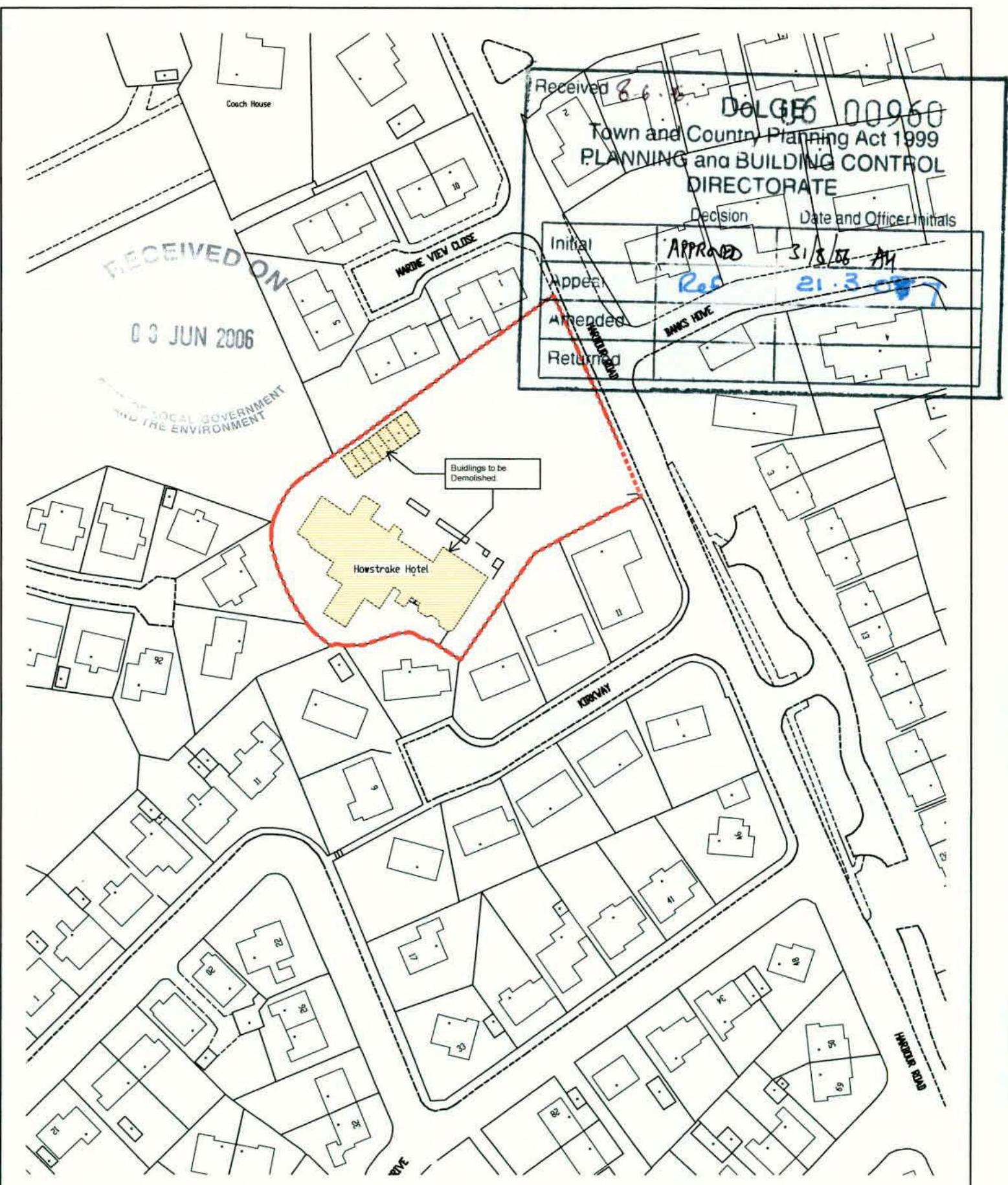 A site plan showing the Howstrake Hotel redevelopment site with a red boundary line, indicating buildings to be demolished and surrounding properties.