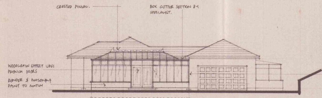 Architectural elevation drawing showing a single-storey house with a new conservatory extension and garage.