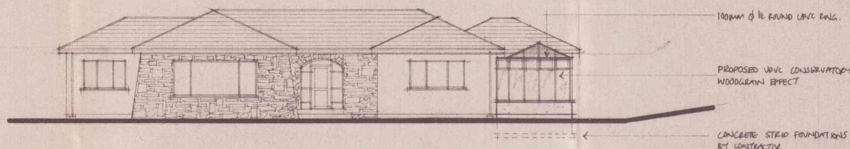 Architectural elevation drawing showing a single-story house with a proposed conservatory addition on the right side.