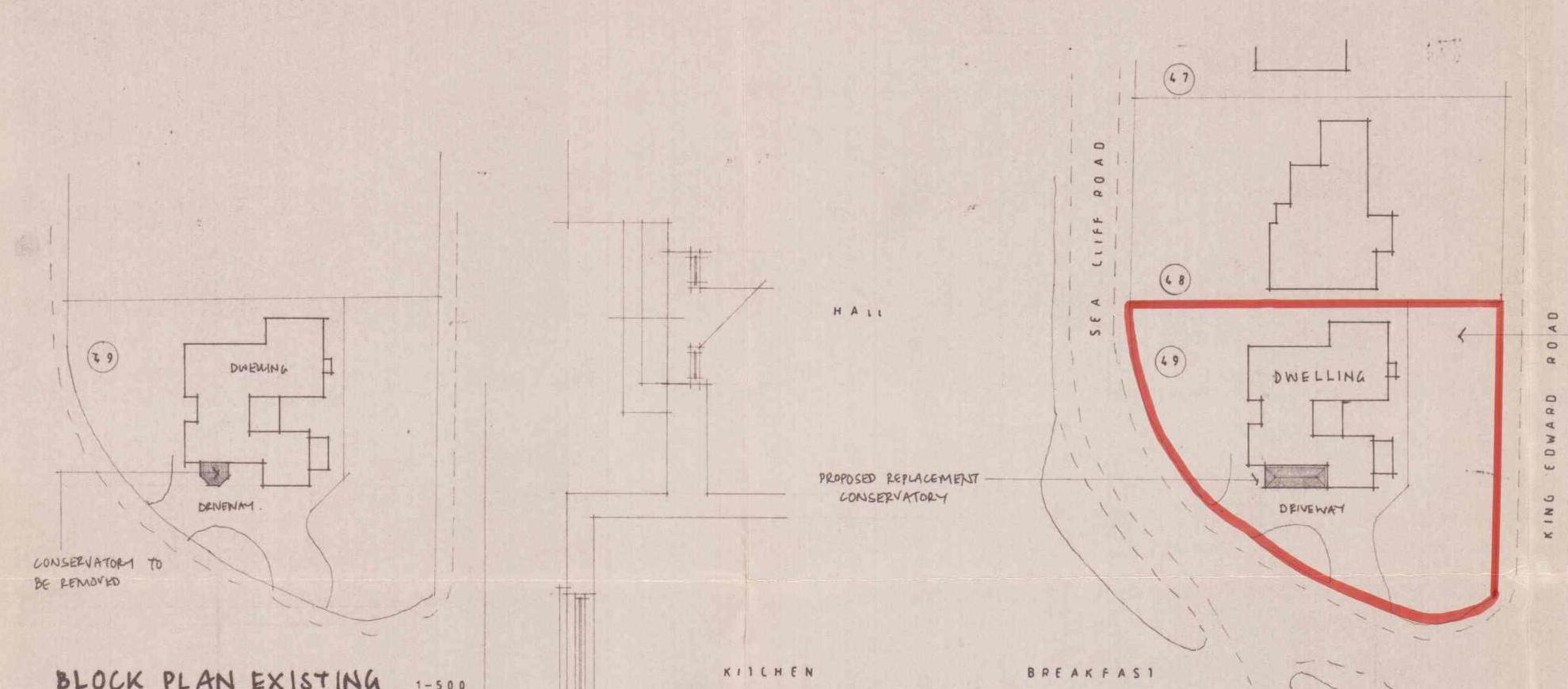 A planning document displaying a site plan with a red property boundary and an existing floor plan of the dwelling.