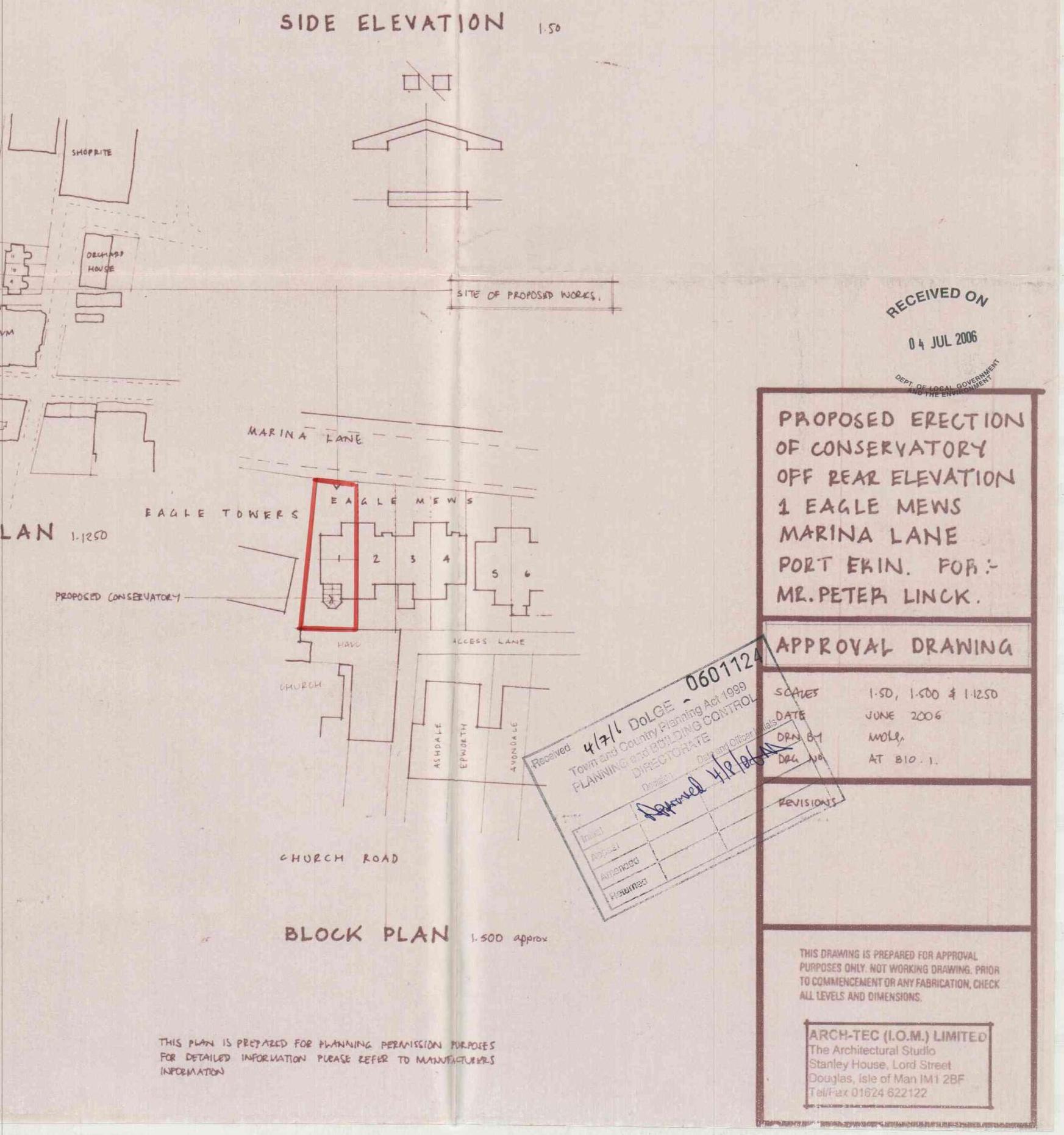 Architectural drawing sheet displaying a block plan and side elevation for a proposed conservatory extension at 1 Eagle Mews.