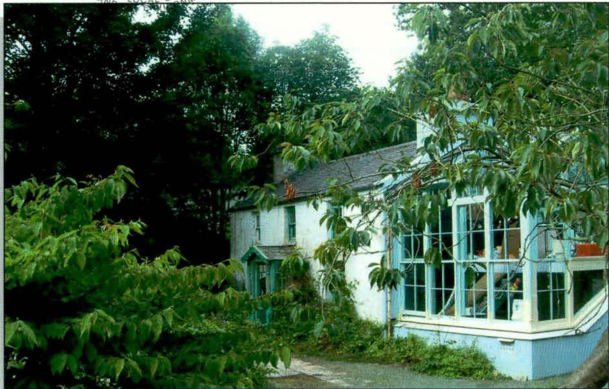 A photograph of a white single-story cottage or bungalow featuring a large light blue conservatory, surrounded by dense trees and vegetation.