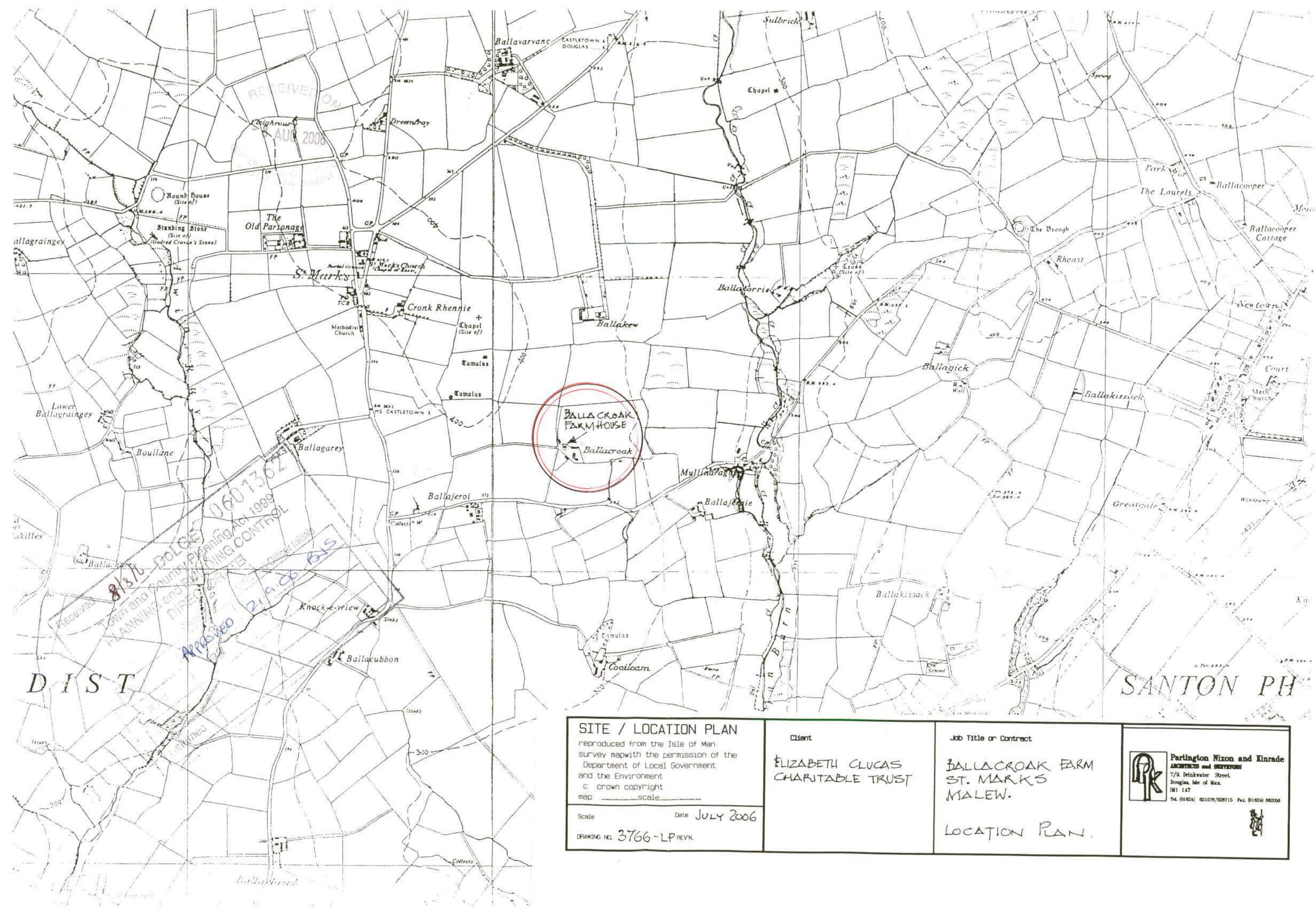 A black and white site location plan showing the rural surroundings of Ballacroak Farmhouse in Malew, with the specific property circled in red ink.