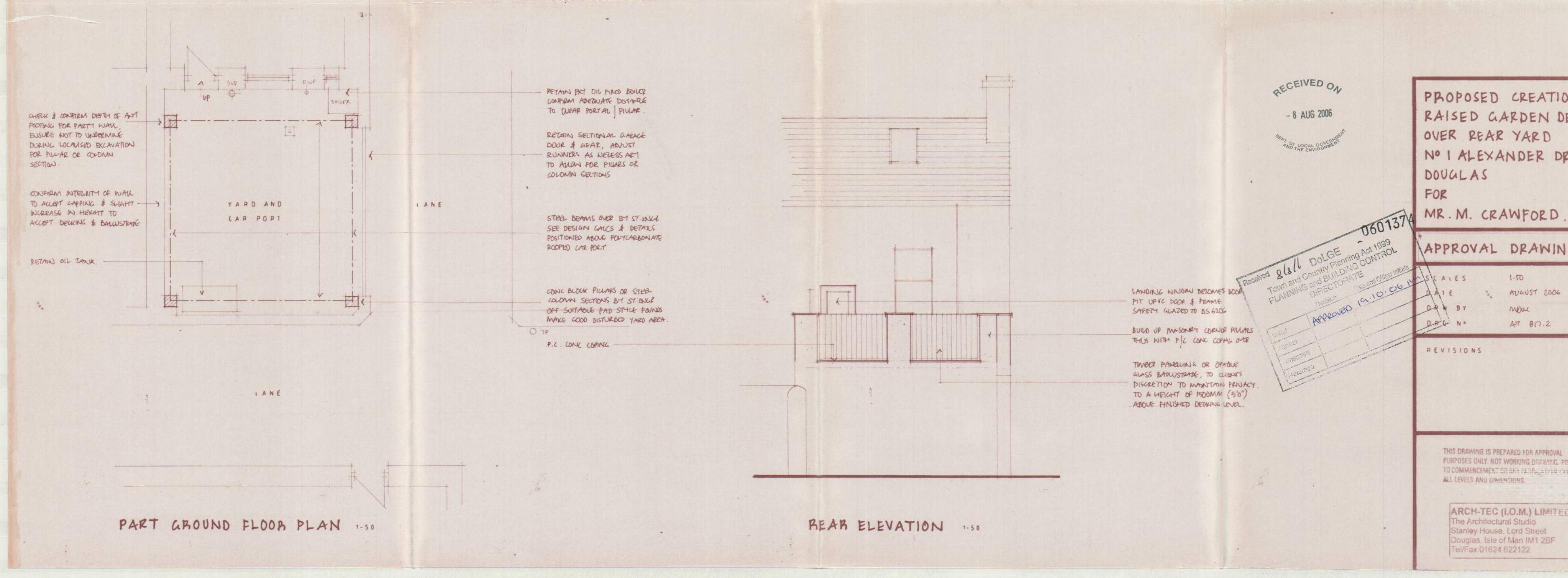 This image displays an architectural drawing showing a part ground floor plan and a rear elevation for a proposed raised garden deck.