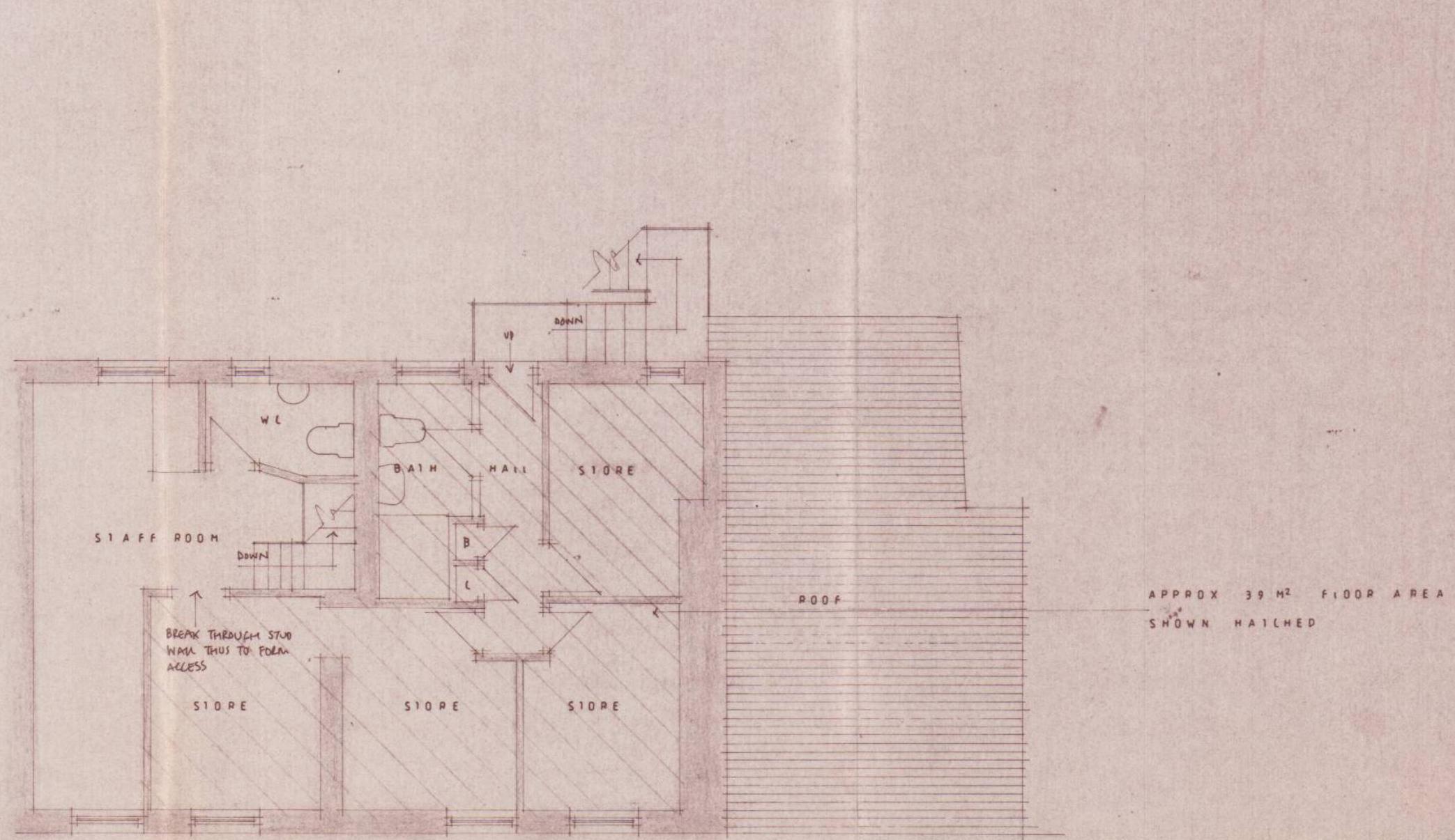 This image shows a scanned architectural floor plan of a first-floor layout, featuring rooms labeled as staff room, WC, bath, hall, and multiple store rooms. It includes annotations for roof areas and notes regarding...