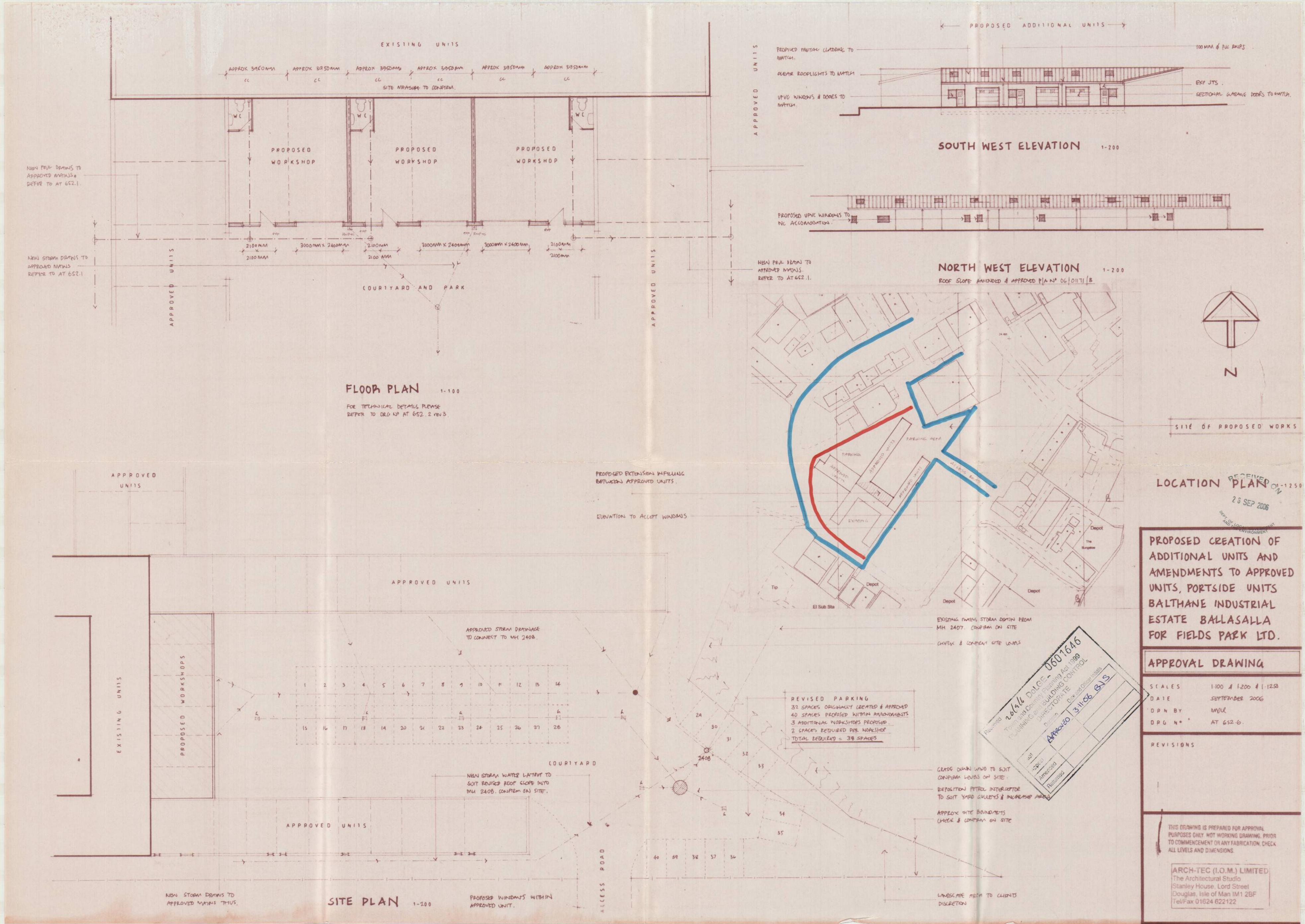 This image shows a composite architectural drawing sheet containing floor plans, elevations, a location plan, and a site plan for proposed workshop units.