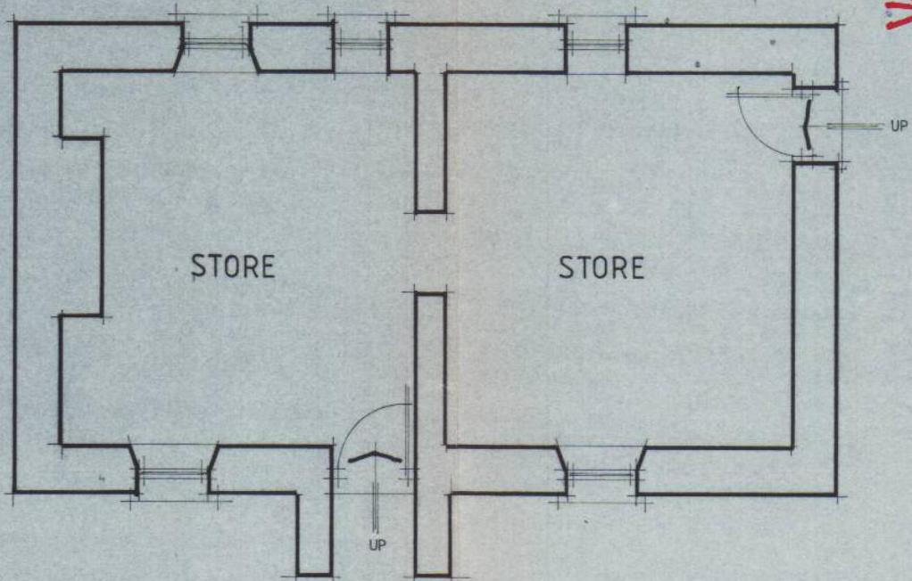This image displays a black and white architectural floor plan showing the internal layout of a building with two large rooms labeled 'STORE'. The drawing includes wall lines, door swing indicators, and window placeme...
