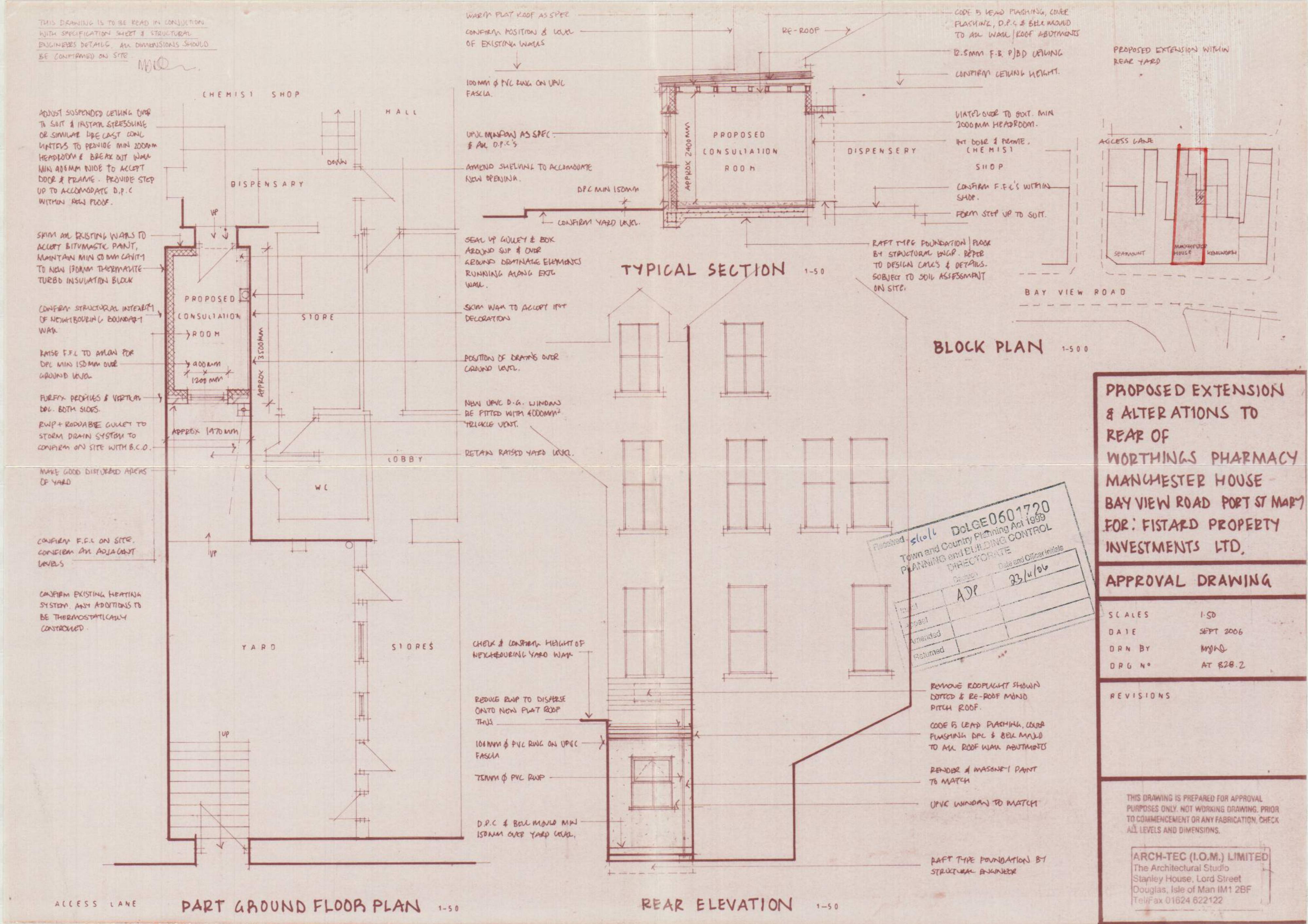 This image displays a set of architectural drawings including a ground floor plan, rear elevation, typical section, and block plan for a proposed extension to a pharmacy.