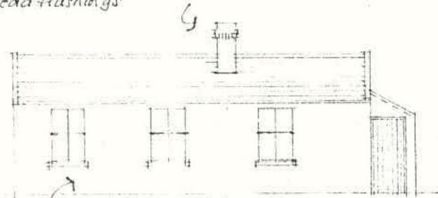 A hand-drawn architectural elevation sketch showing a single-story building with three windows, a chimney, and a door.