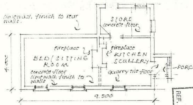 A hand-drawn architectural floor plan showing the layout of a small cottage, including a bed/sitting room, kitchen, scullery, and store with dimensions and finish notes.