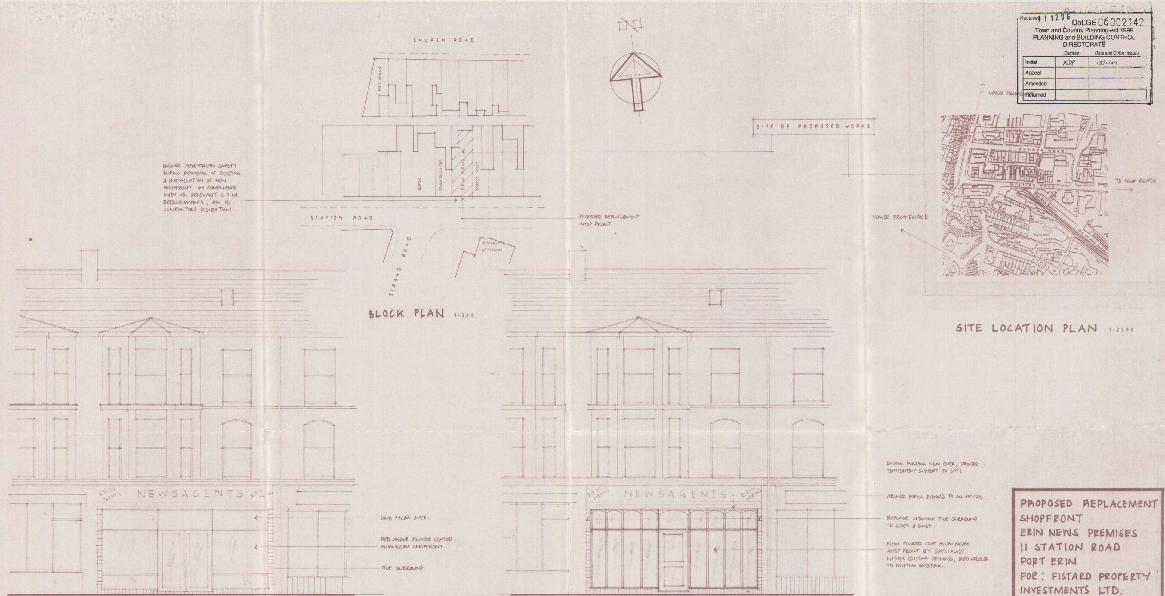 Architectural drawing showing elevations and plans for a shop front replacement, including a block plan and site location plan.