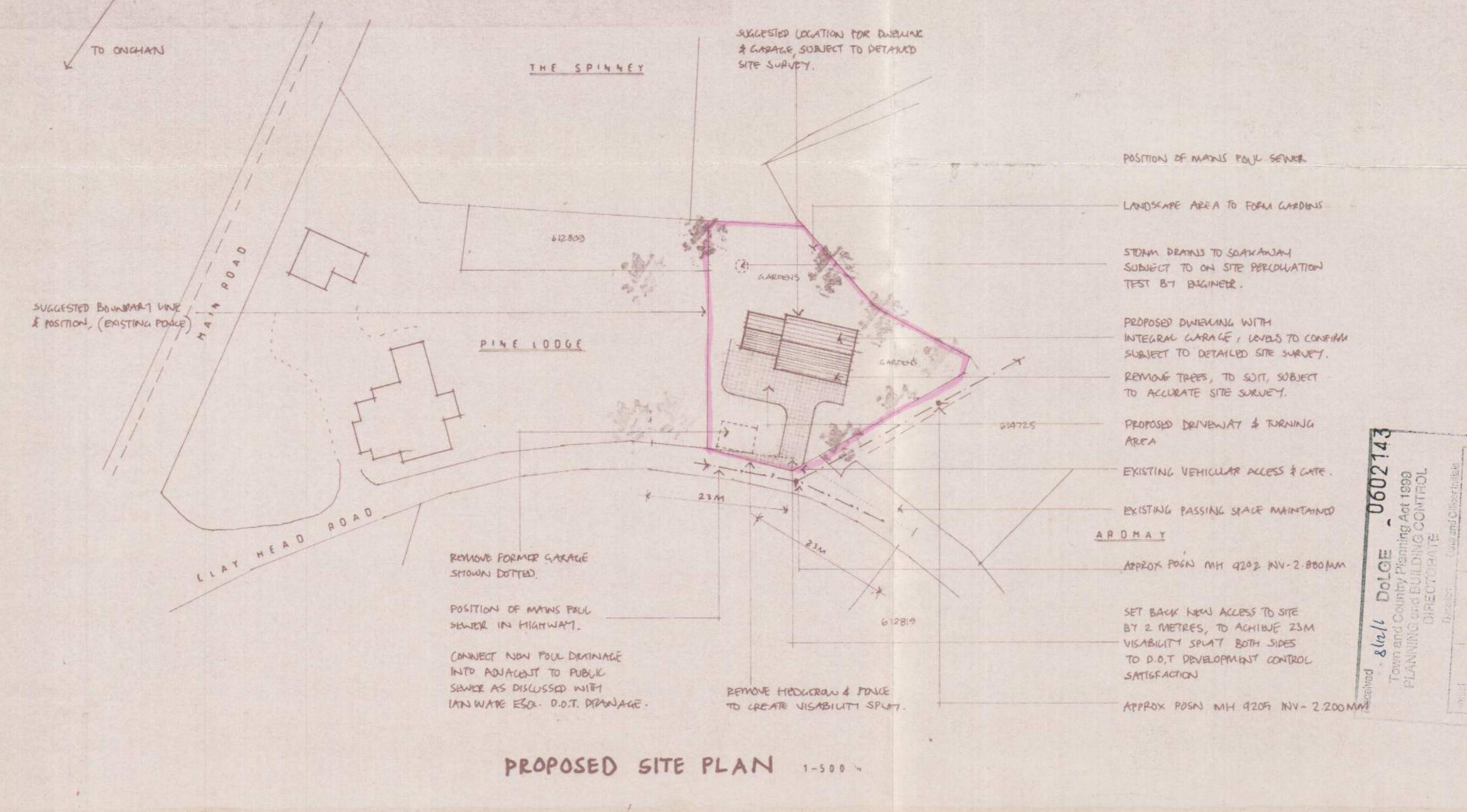 A proposed site plan showing the layout for a new detached dwelling and garage, including driveway access, drainage details, and boundary lines relative to nearby properties.