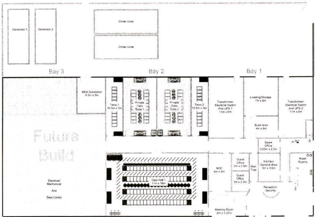 This image displays a detailed architectural floor plan for a data centre conversion, showing the layout of server bays, generator rooms, and ancillary offices.