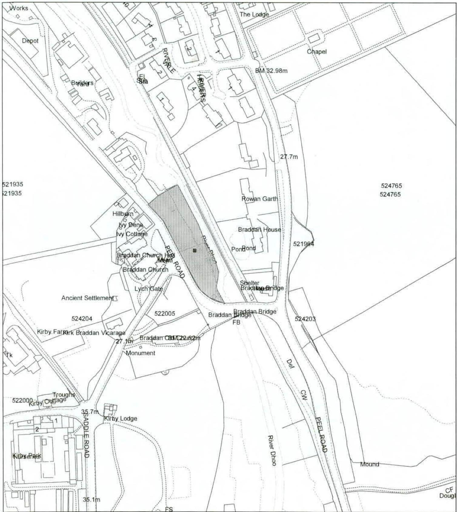 This image displays a site location plan showing the proposed development area shaded in grey near Braddan Church and Peel Road. It details surrounding properties, grid references, and local features like the River Dhoo.