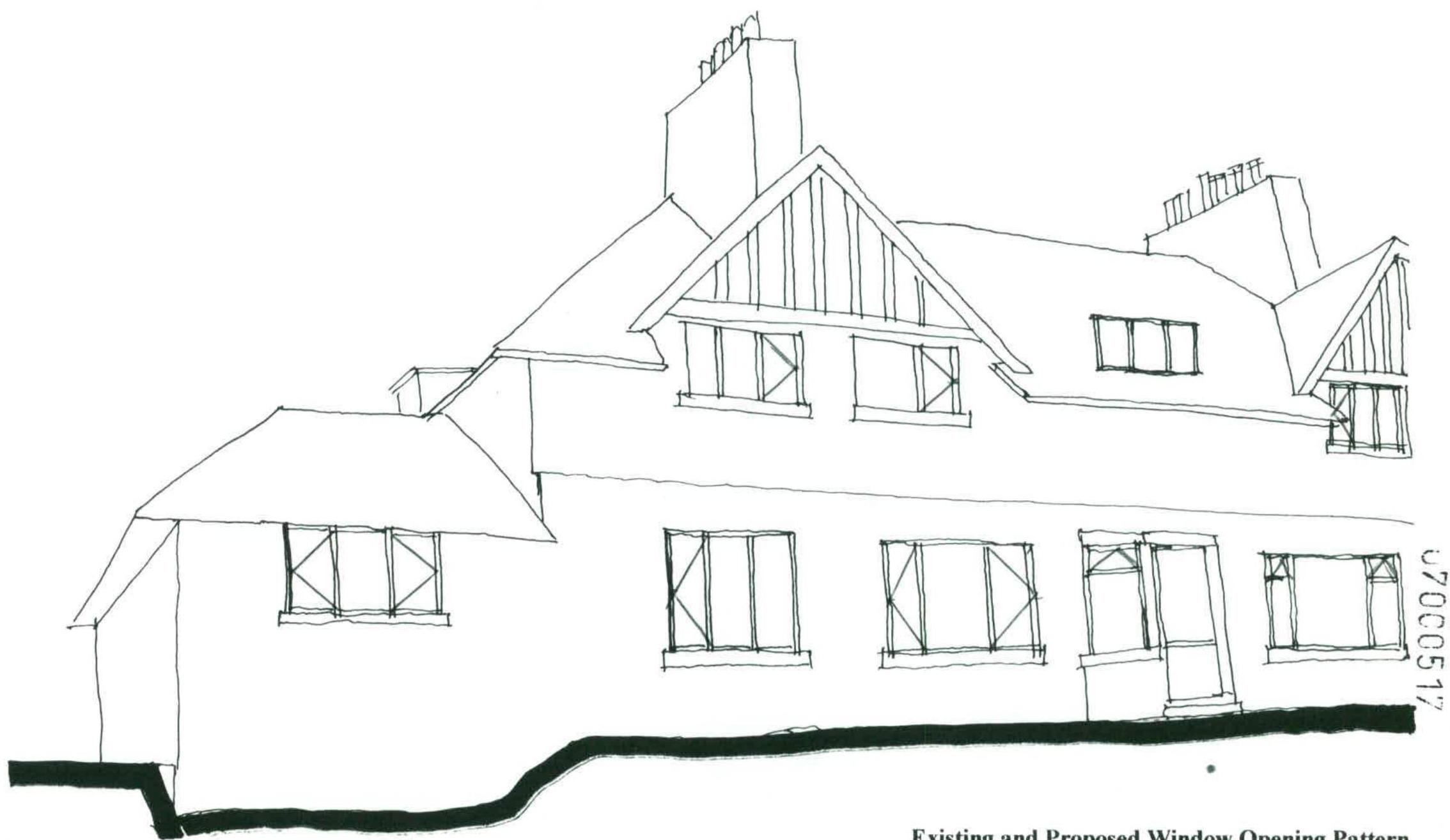 A line drawing showing the existing and proposed window and door openings on the elevation of a house.