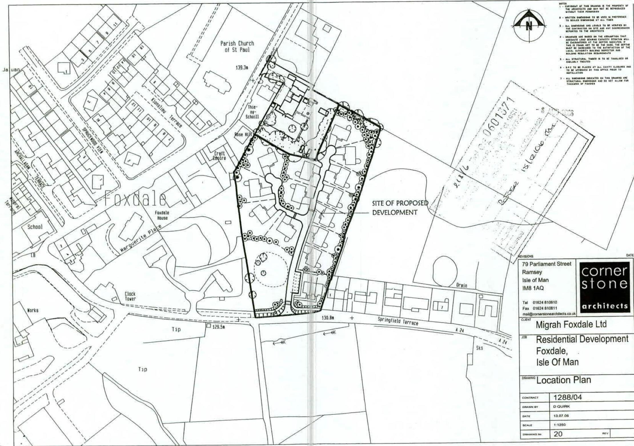 This is a location plan for a proposed residential development in Foxdale, Isle of Man, showing the site boundary, surrounding properties, and the layout of new housing plots.