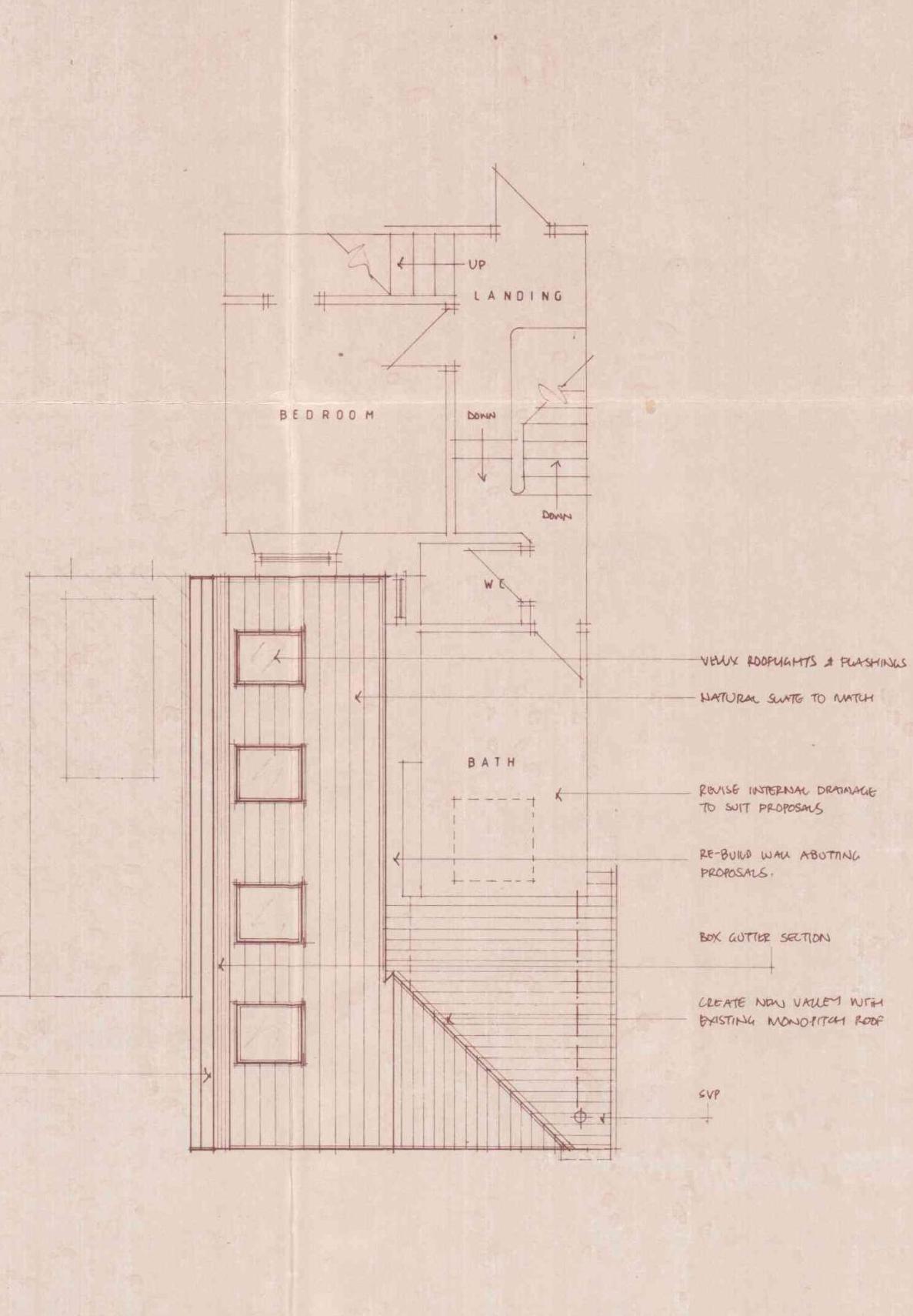 This image displays an architectural section and plan drawing showing a bedroom, landing, and bathroom layout with construction notes. It details roof valleys, gutters, and internal drainage reuse for a building exten...