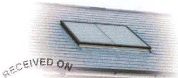 A close-up photograph showing a solar panel mounted on a roof with horizontal slats, featuring a 'RECEIVED ON' stamp in the corner.