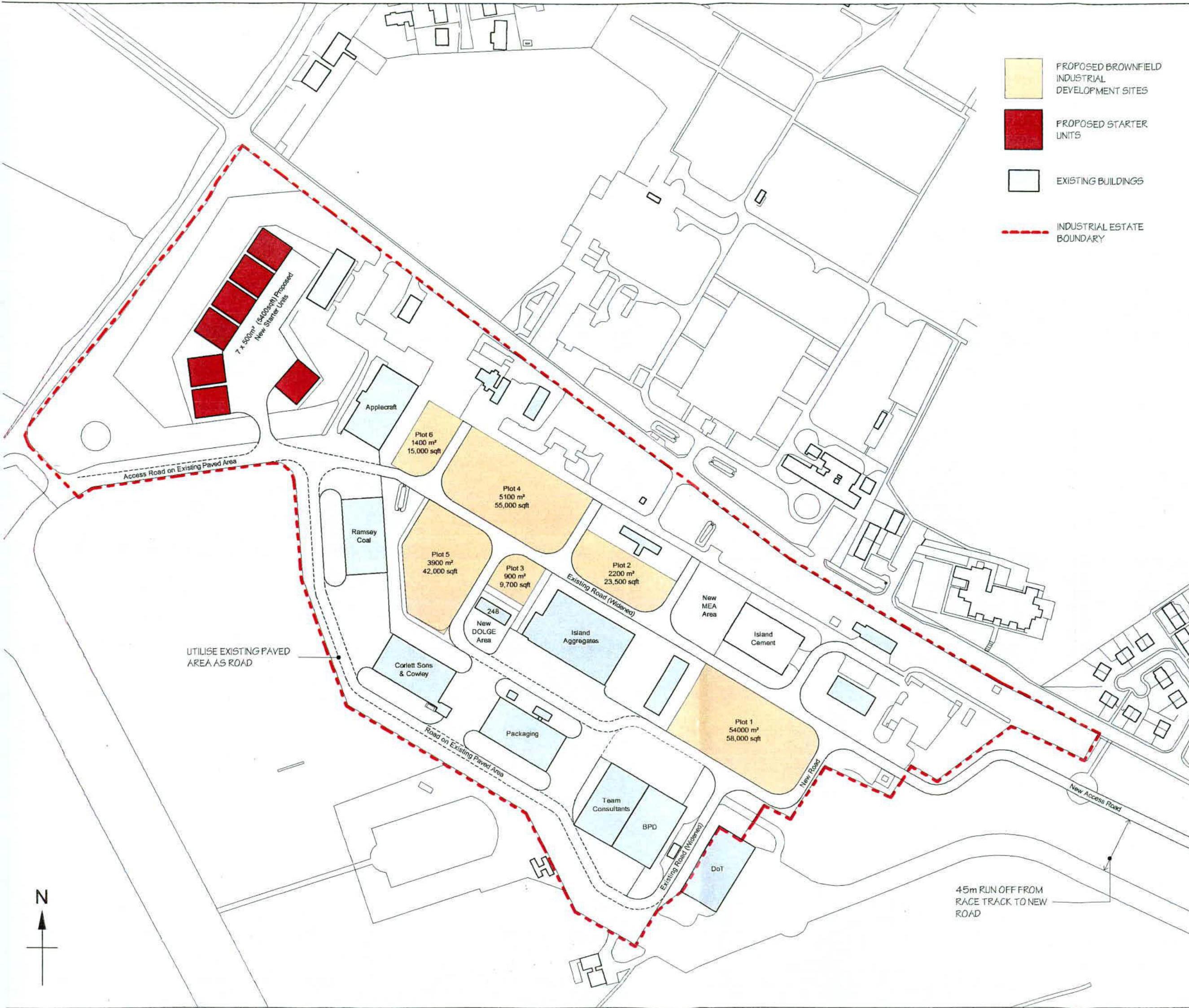 This image displays a site plan for an industrial estate, highlighting proposed brownfield development sites and starter units in yellow and red. The plan outlines existing buildings, new access roads, and the industr...