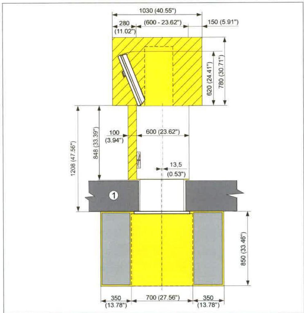 Architectural drawing displaying detailed dimensions and cross-sections for an external ATM installation.