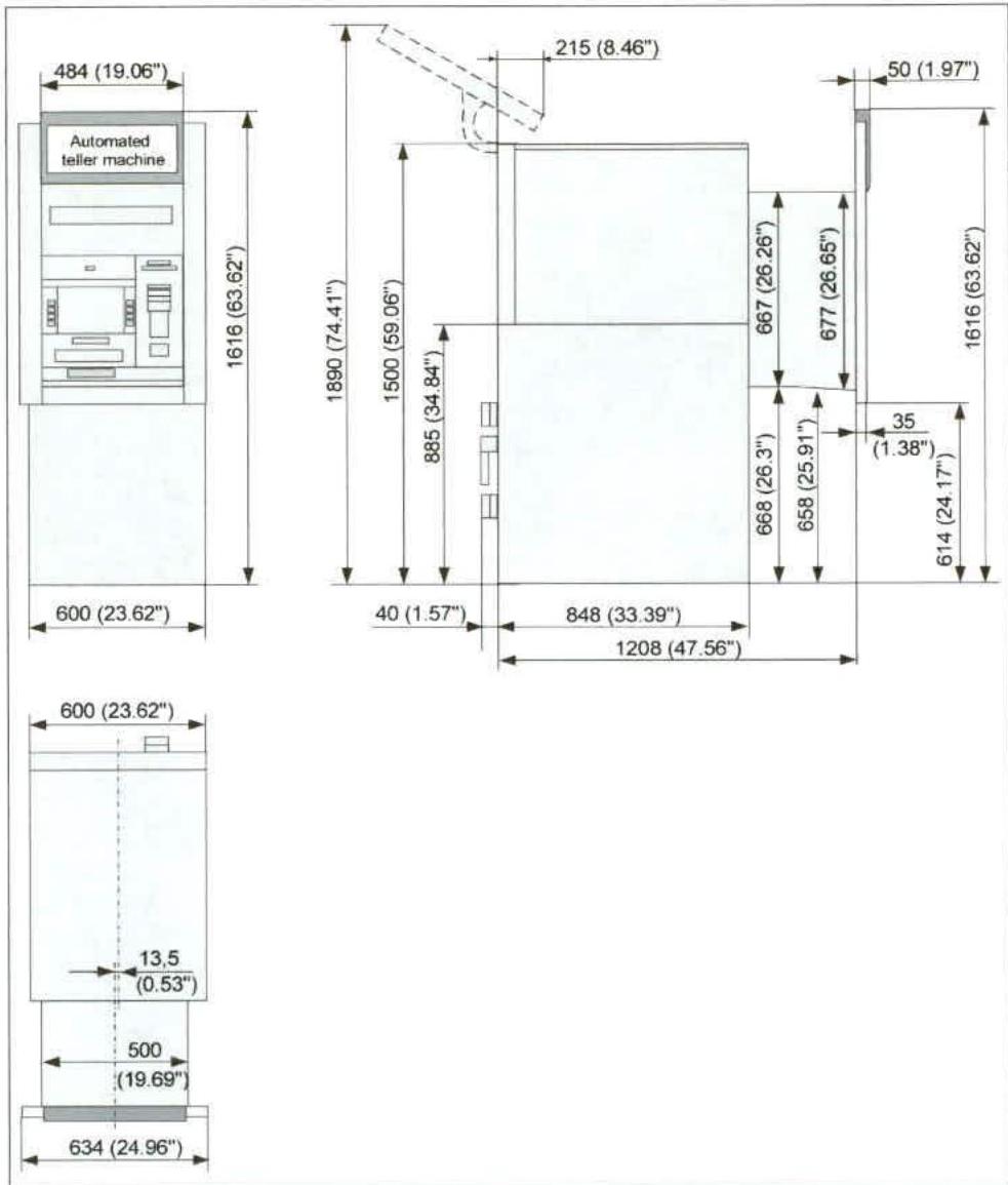 Technical architectural drawings showing elevations and dimensions for an automated teller machine (ATM) installation unit.