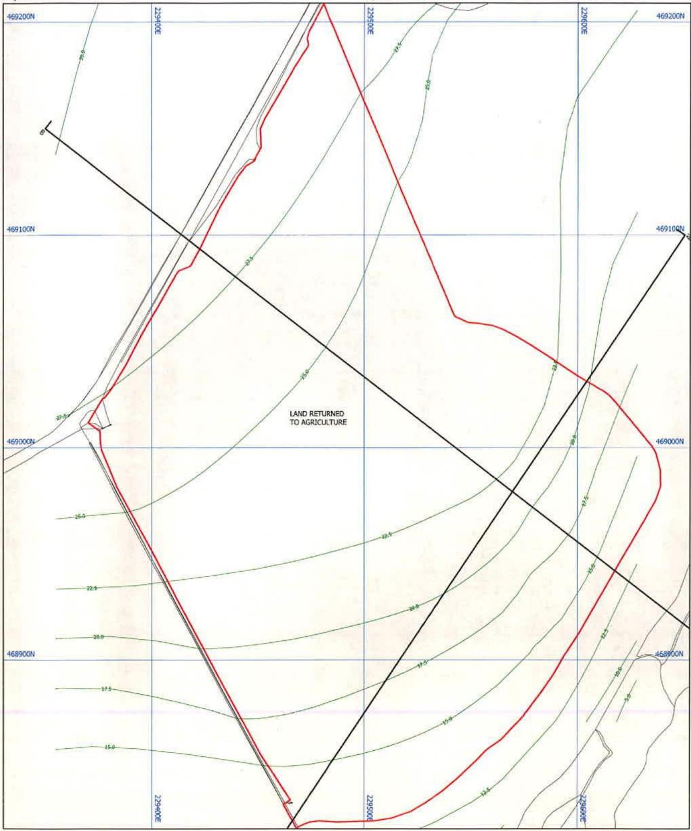 A technical site plan showing a red-outlined area with contour lines and grid references, labeled 'LAND RETURNED TO AGRICULTURE'.