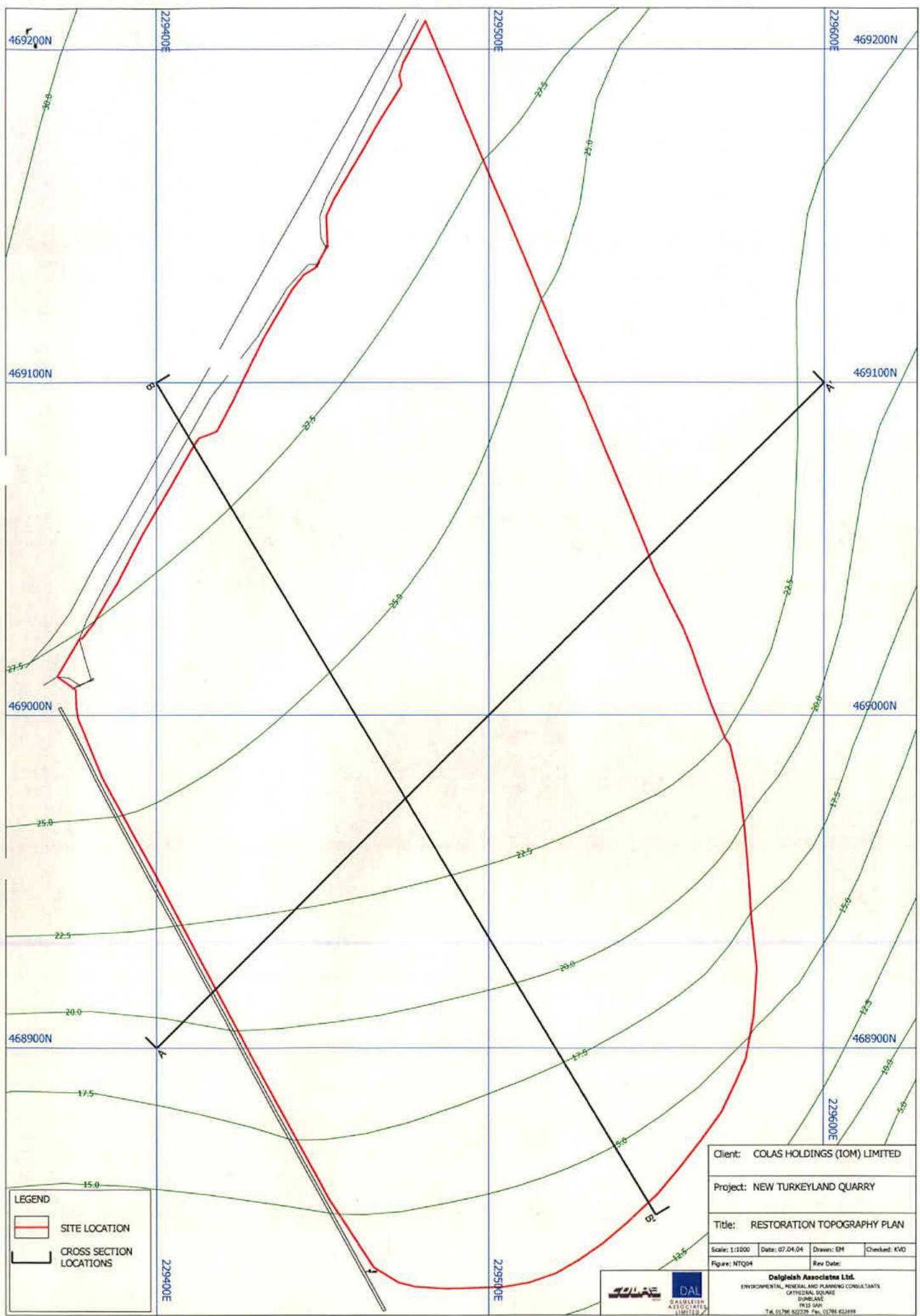 A technical topography plan displaying the site location boundary in red, contour lines, and cross-section markers for the New Turkeyland Quarry restoration project.