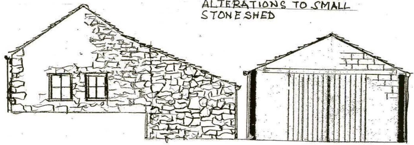 An architectural elevation sketch depicting a stone building with windows and an adjacent shed, labeled 'Alterations to small stone shed'.