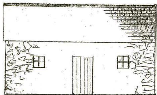 A hand-drawn architectural elevation sketch of a stone building featuring a central door and two windows.