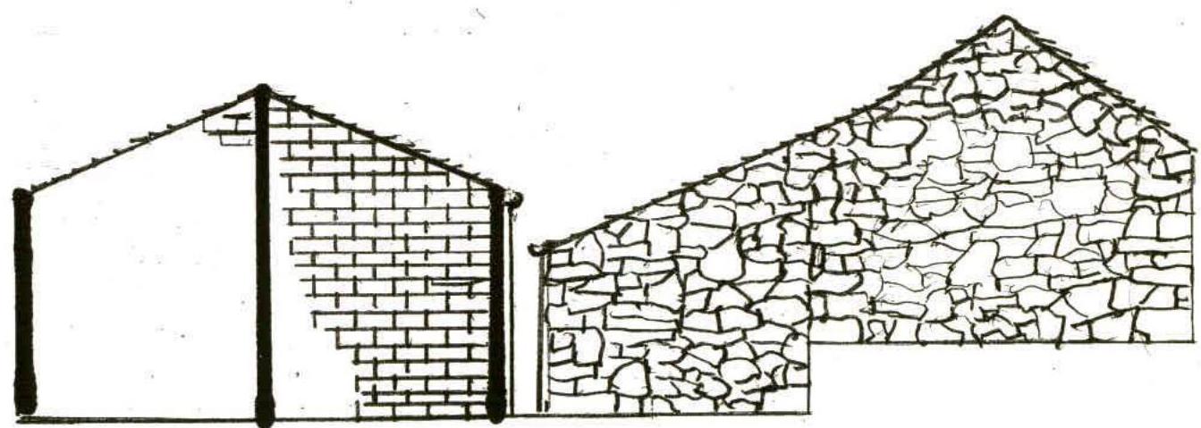 Architectural elevation drawing showing a brick building and a stone barn with masonry details.