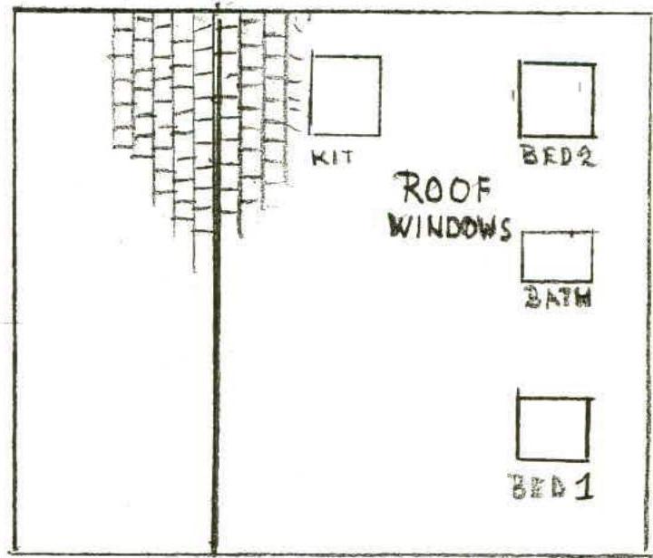 A hand-drawn sketch depicting a rough floor plan layout with labels for kitchen, bedrooms, and bathroom.