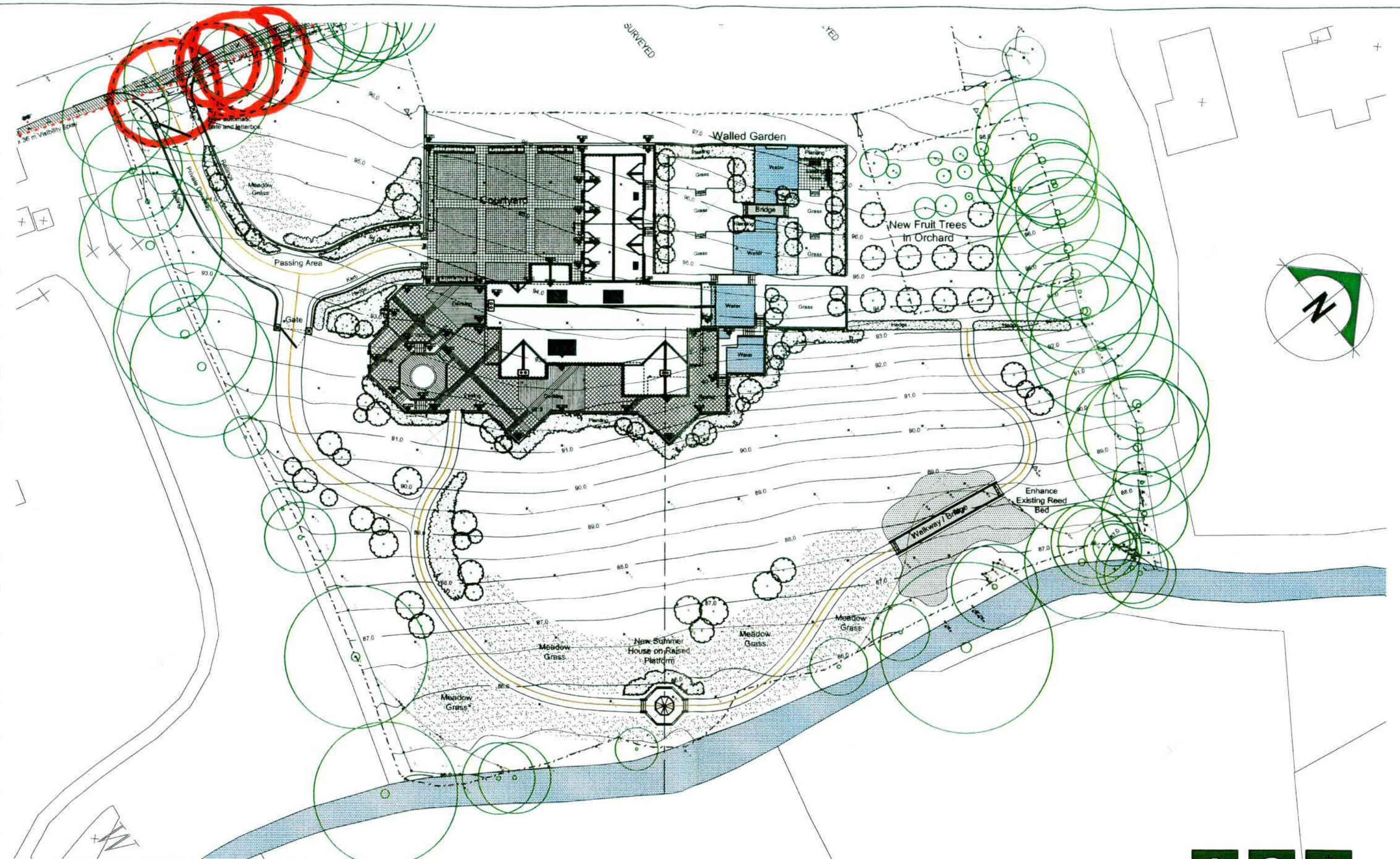 A site plan showing the layout of a new dwelling, associated garages, extensive landscaping features like trees and meadows, and access points with contour lines.