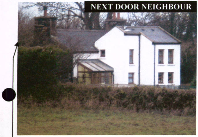 A photograph of a white two-story detached house with a conservatory extension, viewed from across a hedge with the text 'NEXT DOOR NEIGHBOUR' overlaid.