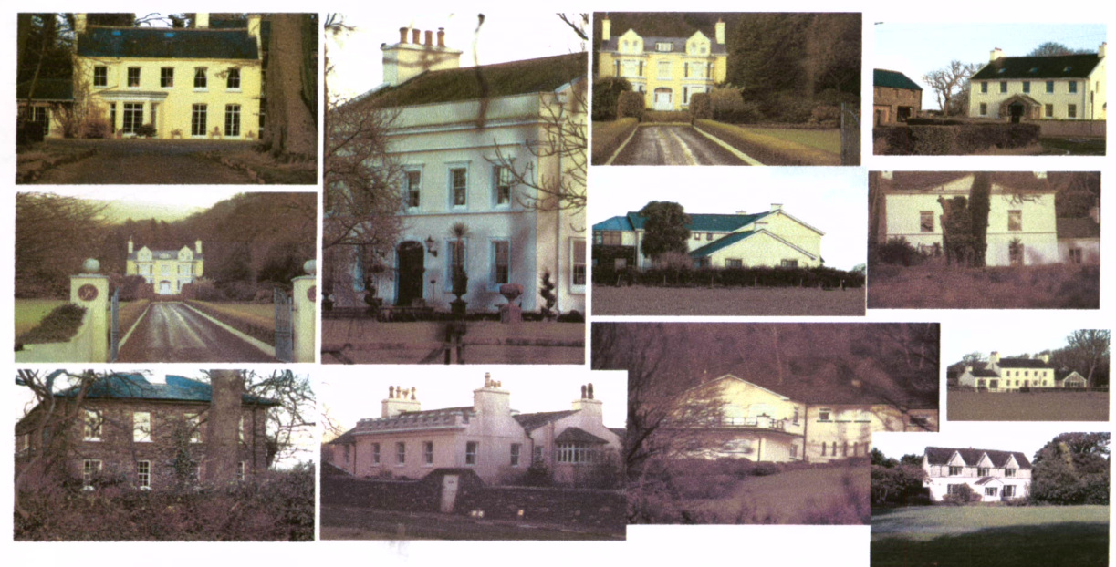 A collage of multiple exterior photographs showing a large white detached house, driveway, and surrounding buildings from various angles.
