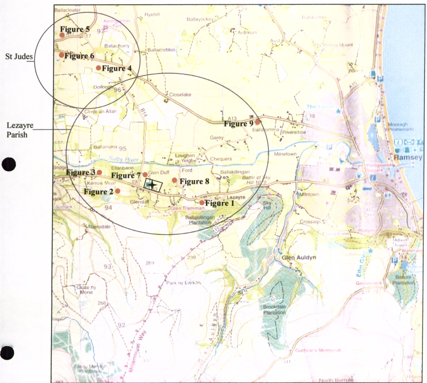 A topographical location map showing the Lezayre parish area with numbered red dots indicating specific figures and black circles highlighting zones.