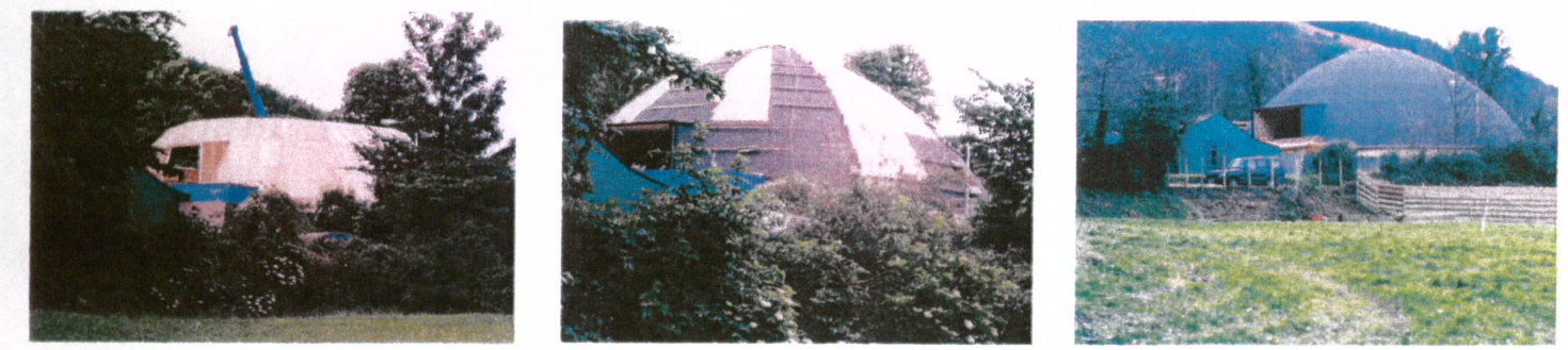 A triptych of photographs showing a unique, large dome-shaped structure in a rural setting, appearing to be under construction or newly built.
