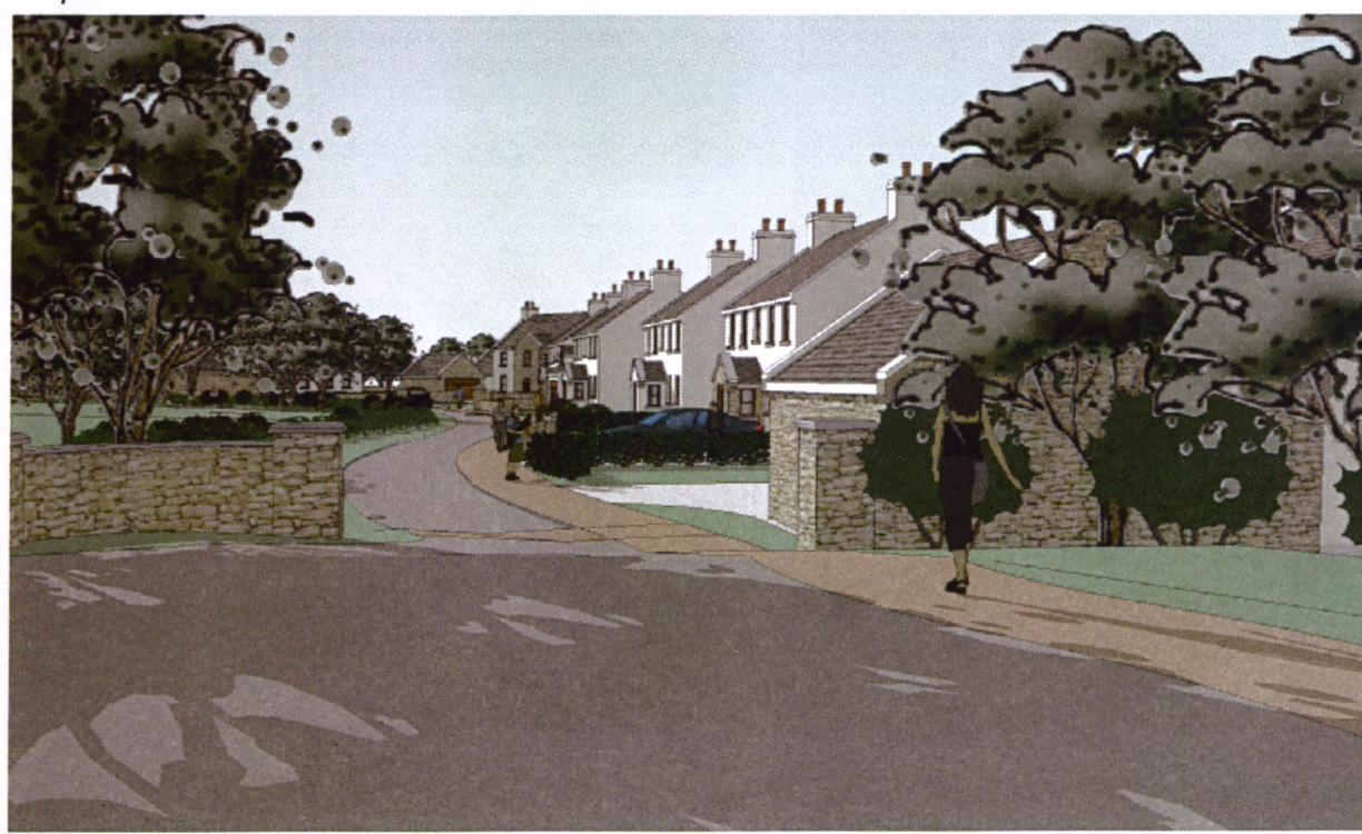 An artist's impression or perspective rendering showing a row of proposed detached houses along a curved road with landscaping and a pedestrian.