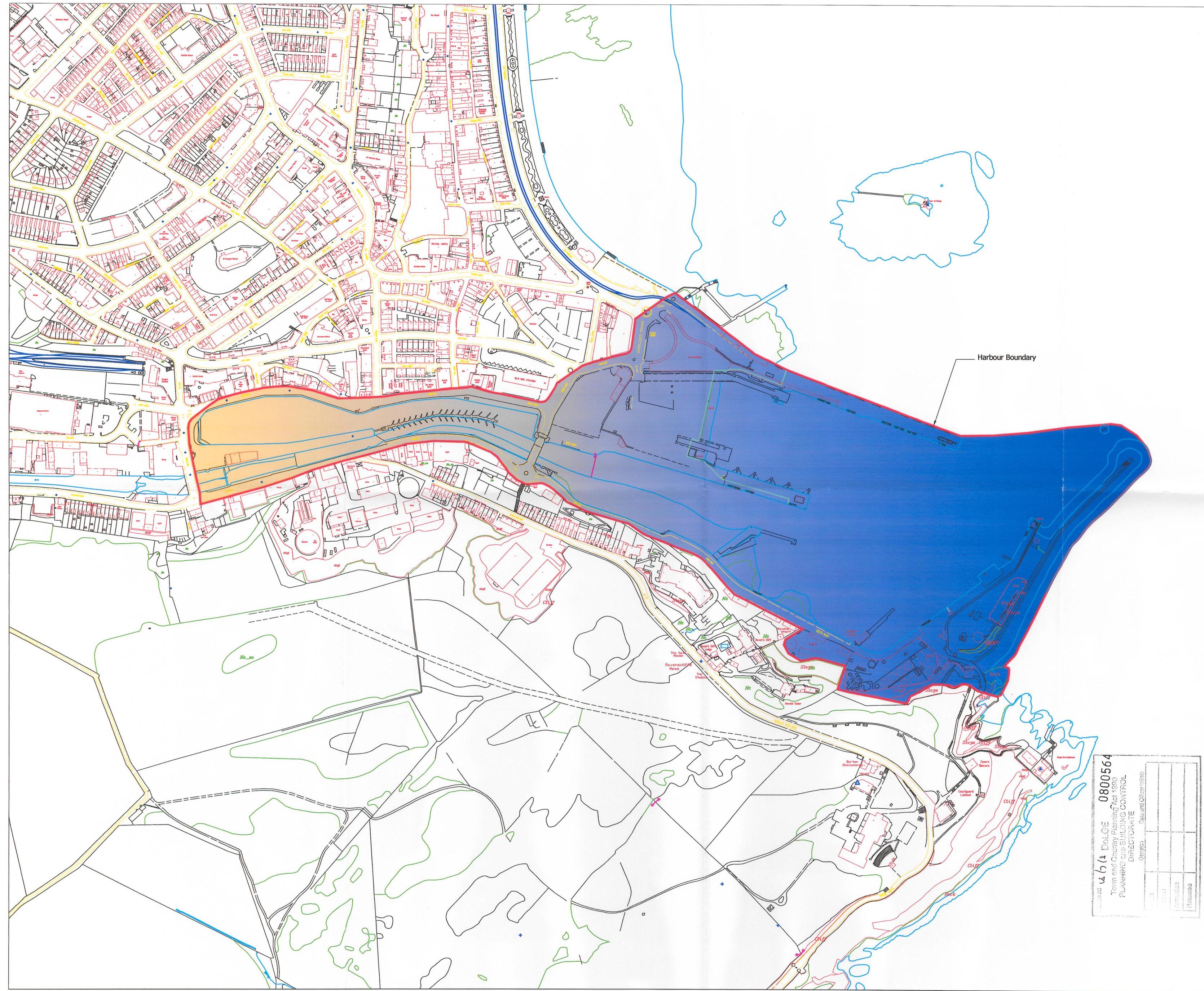 This image displays a site plan overlaying an Ordnance Survey map, highlighting the proposed cruise tender pontoon berth area in blue and the passenger holding area in orange along the harbour boundary.