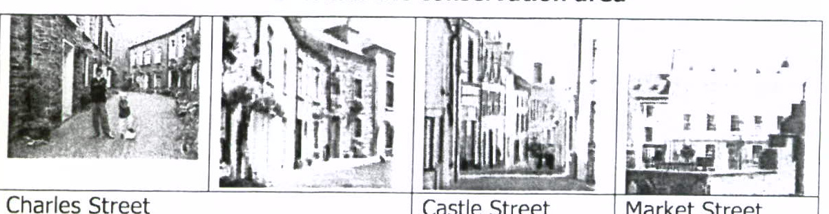 A document page displaying four black and white street photographs labeled Charles Street, Castle Street, and Market Street, likely illustrating the local character.
