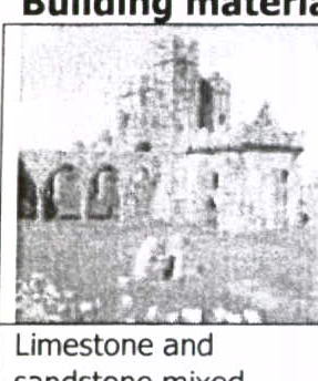 A grainy black and white image showing a stone building or wall with arched openings, accompanied by text describing limestone and sandstone materials.